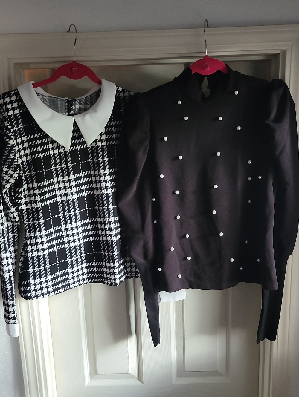 SHEIN BUNDLE TWO TOPS!Black Pearl-Accent Puff Sleeve Long Sleeve+GINGHAM M AND L